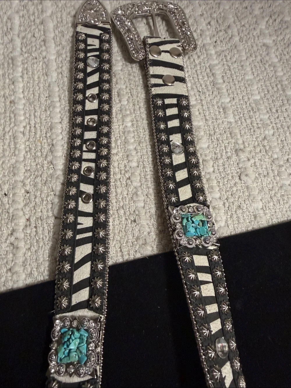Nocona Western Zebra Belt Women’s M Turquoise Rhinestone Studded Cowgirl